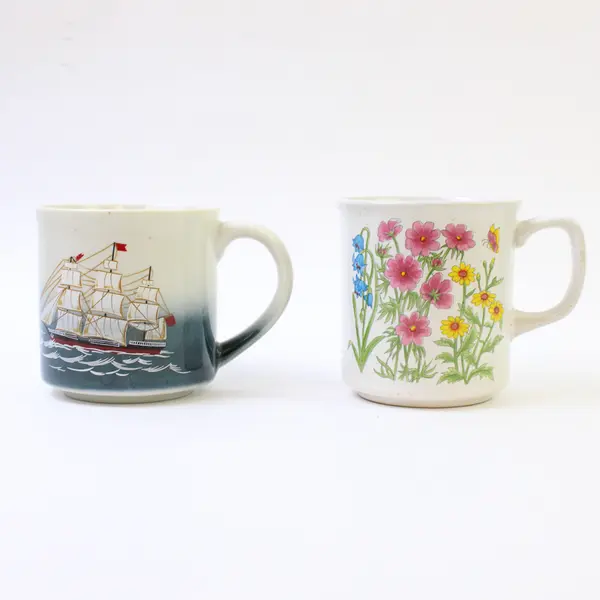 Lot of 2 Ceramic Coffee Mugs Beige Sailboat & Pink Yellow Floral