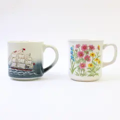 Lot of 2 Ceramic Coffee Mugs Beige Sailboat & Pink Yellow Floral