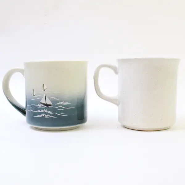 Lot of 2 Ceramic Coffee Mugs Beige Sailboat & Pink Yellow Floral