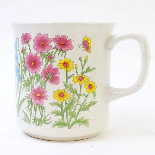 Lot of 2 Ceramic Coffee Mugs Beige Sailboat & Pink Yellow Floral