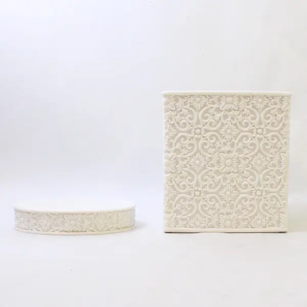 White Ceramic Tissue Box Cover & Matching Soap Dish Floral Bathroom Set