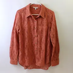 Pale Sky Salmon Open-Work Crochet Long-Sleeved Button-Up Women's Large