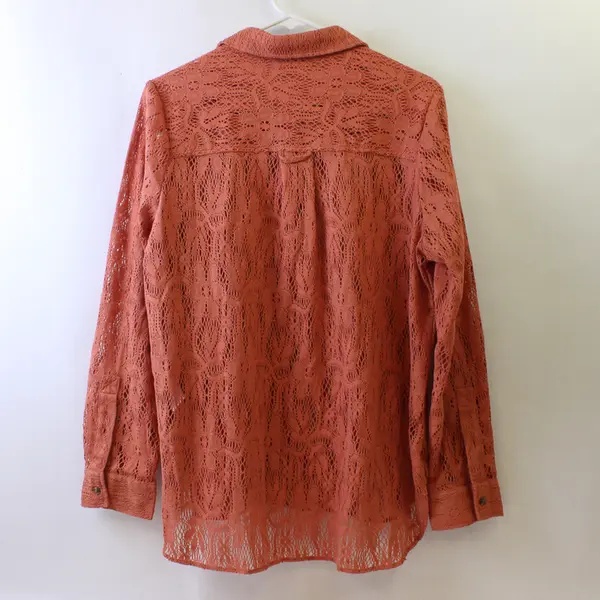 Pale Sky Salmon Open-Work Crochet Long-Sleeved Button-Up Women's Large
