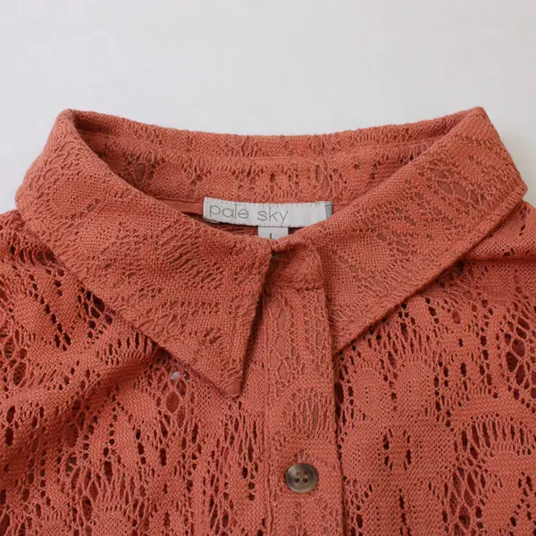 Pale Sky Salmon Open-Work Crochet Long-Sleeved Button-Up Women's Large