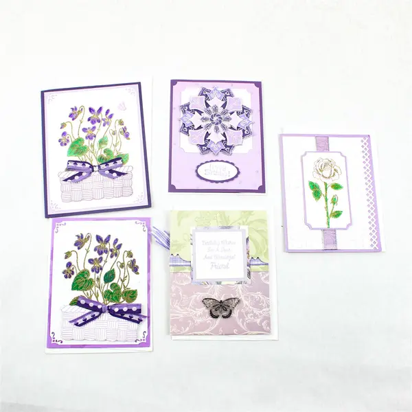 Lot of 5 Handmade Laser Cut Purple Floral Birthday Greeting Cards UNUSED