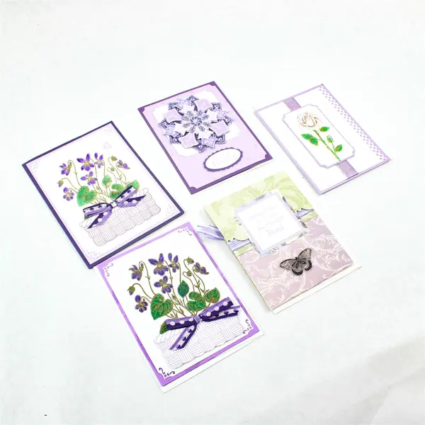 Lot of 5 Handmade Laser Cut Purple Floral Birthday Greeting Cards UNUSED