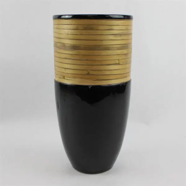 Unbranded/Unmarked Black Ceramic & Wood Large Tall Vase 12.25" Tall 6.25" Dia