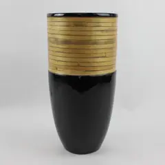 Unbranded/Unmarked Black Ceramic & Wood Large Tall Vase 12.25" Tall 6.25" Dia