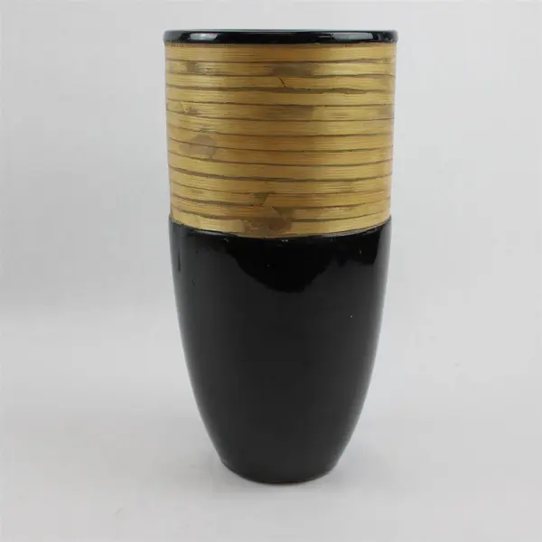 Unbranded/Unmarked Black Ceramic & Wood Large Tall Vase 12.25" Tall 6.25" Dia