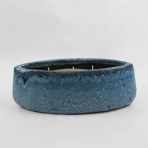 Tag Brand Blue Speckled Boat Shaped Stoneware 3 Wick Candle Holder 12" Long