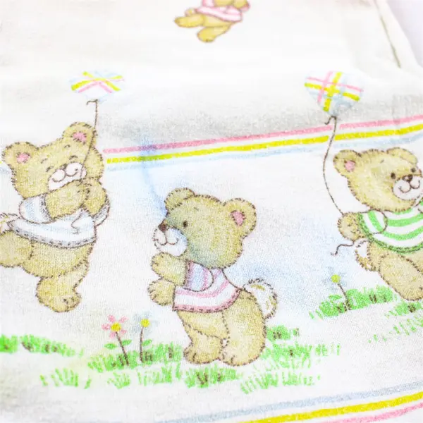 VTG Toddle Time Teddy Bear Print Cotton Flannel Baby Blanket 28" x 34" FLAWED
