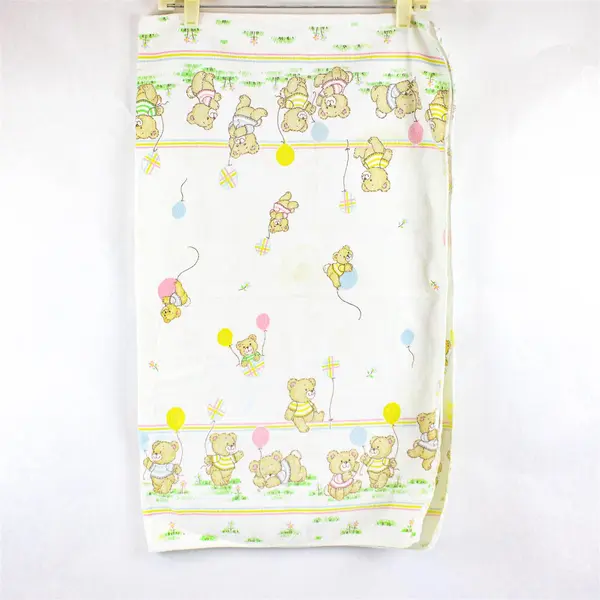 VTG Toddle Time Teddy Bear Print Cotton Flannel Baby Blanket 28" x 34" FLAWED