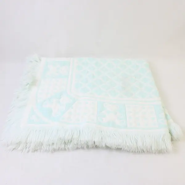 VTG White & Baby Blue Teddy Bear Design Fringed Baby Blanket 32" x 38" Flawed
