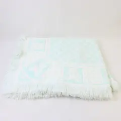 VTG White & Baby Blue Teddy Bear Design Fringed Baby Blanket 32" x 38" Flawed