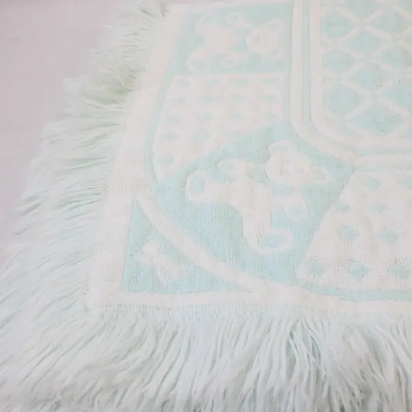 VTG White & Baby Blue Teddy Bear Design Fringed Baby Blanket 32" x 38" Flawed