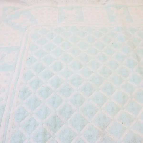 VTG White & Baby Blue Teddy Bear Design Fringed Baby Blanket 32" x 38" Flawed