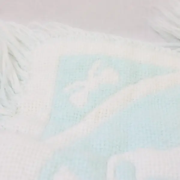 VTG White & Baby Blue Teddy Bear Design Fringed Baby Blanket 32" x 38" Flawed