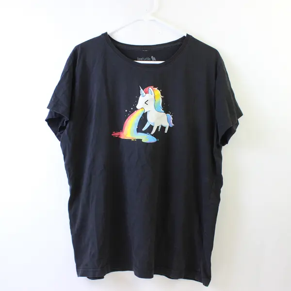 TeeTurtle Barfing Unicorn Black Graphic T-Shirt Women's 2X FLAWED