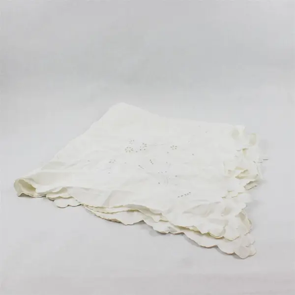 Vintage White Embroidered Floral Tablecloth Scalloped Edges 34x33