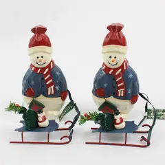 Set of 2 TJ Carver Wooden Snowmen with Sled 937208 Holiday Decor New