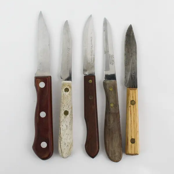 Lot of 5 Paring Knives With Straight Edge Blades Wooden Handles 6" to 7" Long