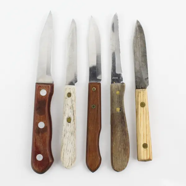 Lot of 5 Paring Knives With Straight Edge Blades Wooden Handles 6" to 7" Long