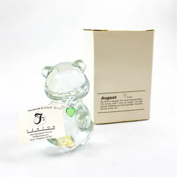 Fenton Handcrafted August  Lion Hearted  Glass Bear W/ Peridot Heart And Tag