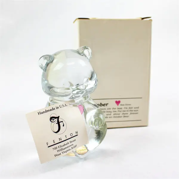 New Fenton October Birthstone Clear Glass Bear Figurine with Pink Heart