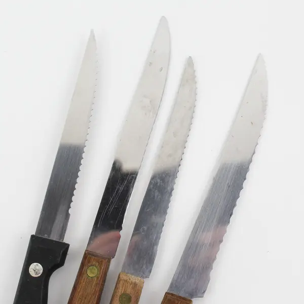 Lot of 4 Serrated Stainless Steak Knives With Wooden Handles 8" to 8.75" Good