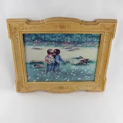 Vintage Miriam Ecker Art Print Children in Meadow Holding Flowers 17x21