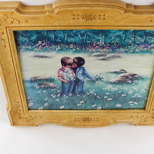 Vintage Miriam Ecker Art Print Children in Meadow Holding Flowers 17x21