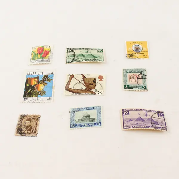 Lot Of 9 Mixed Middle East Stamps Egypt Lebanon Qatar Jordan Used Canceled 