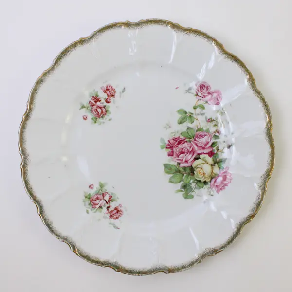 Vintage Porcelain Collector Plate Pink & Yellow Roses Gold Trim 8.5in