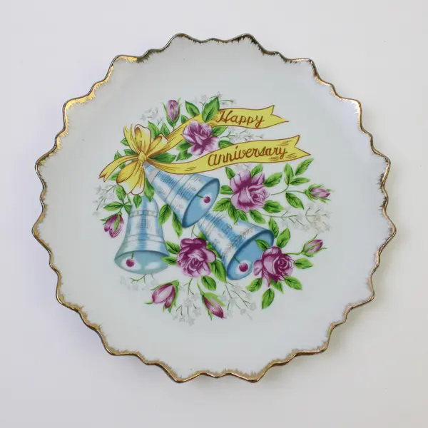 Vintage White Ceramic Happy Anniversary Plate Wedding Bells Scalloped Edge