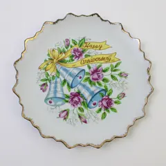Vintage White Ceramic Happy Anniversary Plate Wedding Bells Scalloped Edge