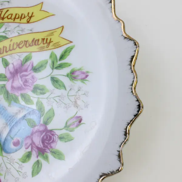 Vintage White Ceramic Happy Anniversary Plate Wedding Bells Scalloped Edge