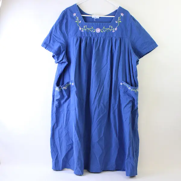 Blair Floral Embroidered Blue Square-Neck Short-Sleeved Midi Dress Women's XL