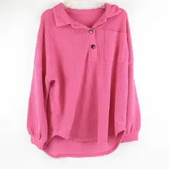 Unbranded Solid Pink Knit Sheer Long Sleeve Collared Top Women's Size Large