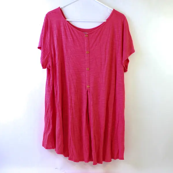 Cable & Gauge Pink Boat Neck Short-Sleeved Top Button Detail Women's 2X