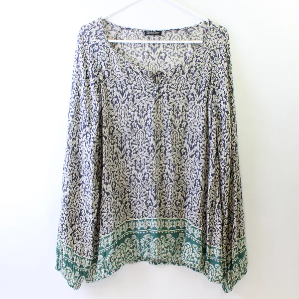 Lucky Brand Semi-Sheer Beige Blue and Green Long-Sleeved Blouse Women's XL
