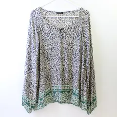 Lucky Brand Semi-Sheer Beige Blue and Green Long-Sleeved Blouse Women's XL