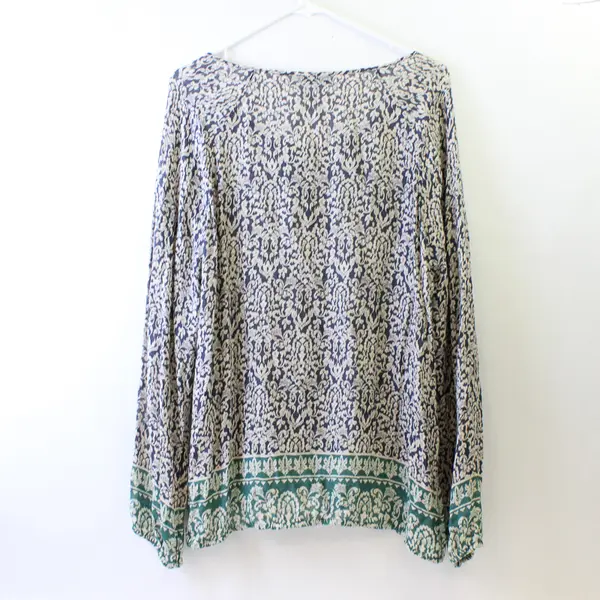Lucky Brand Semi-Sheer Beige Blue and Green Long-Sleeved Blouse Women's XL