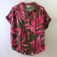 Time and Tru Green and Pink Tropical Leaf Print Women's Large 12-14