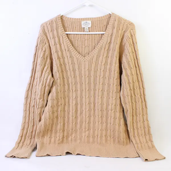St. John's Bay Beige V-Neck Cable Knit Sweater Women's XXL