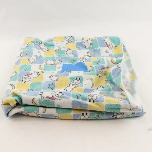 VTG Blank-A-Roo Sheep and Bunny Print Flannel Swaddling Receiving Blanket Flawed