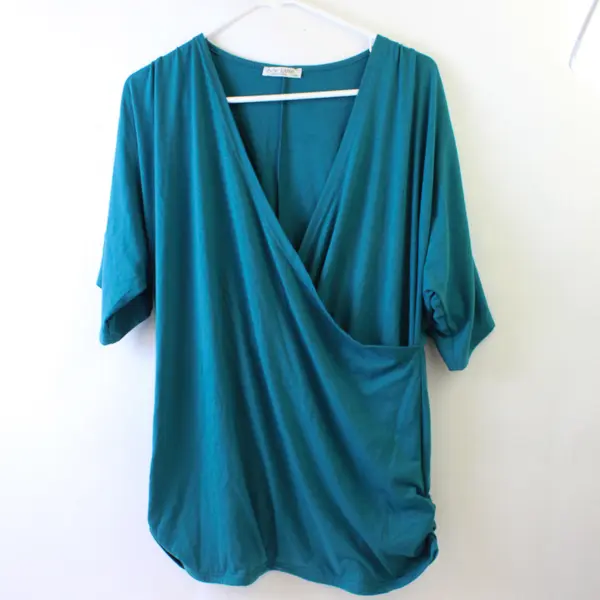 In'Voland Teal Blue Plunge Cowl Neck Short-Sleeved Top Women's 16W