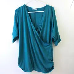 In'Voland Teal Blue Plunge Cowl Neck Short-Sleeved Top Women's 16W
