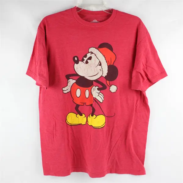 Disney Mickey Mouse W/ Christmas Hat Printed Red Short Sleeve T-Shirt Men's XL