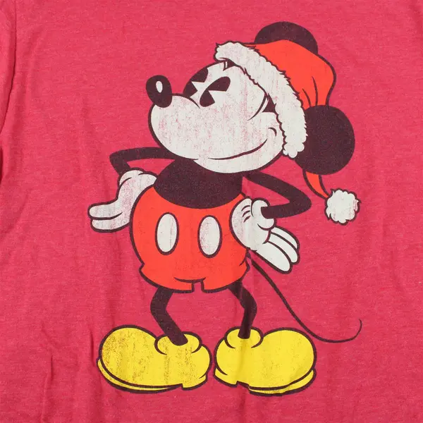 Disney Mickey Mouse W/ Christmas Hat Printed Red Short Sleeve T-Shirt Men's XL