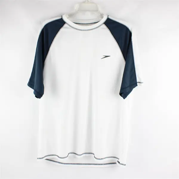 Speedo White & Blue Short Sleeve Activewear T-Shirt 100% Polyester Men's Size L